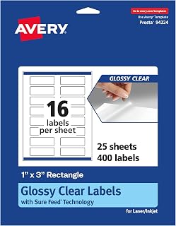 Avery Glossy Clear Rectangle Labels with Sure Feed, 1" x 3", 400 Glossy Clear Labels, Print-to-The-Edge, Laser/Inkjet Prin... Price In India
