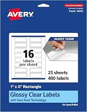 Avery Glossy Clear Rectangle Labels with Sure Feed, 1" x 3", 400 Glossy Clear Labels, Print-to-The-Edge, Laser/Inkjet Prin...