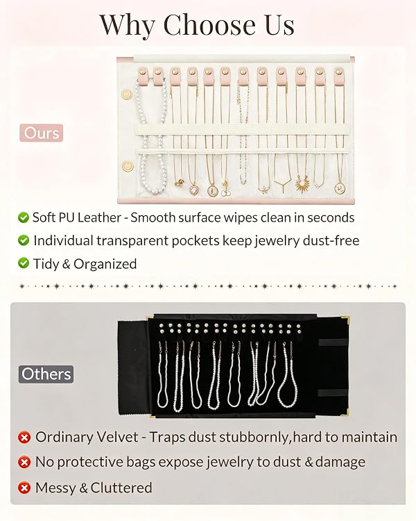 Lolalet Travel Necklace Organizer, Tangle-Free Necklace Case for Travel, Foldable Roll Up Jewelry Storage Bag for Necklaces Chains Bracelets, Pink, 12 Slots Holder by Lolalet - Image 3