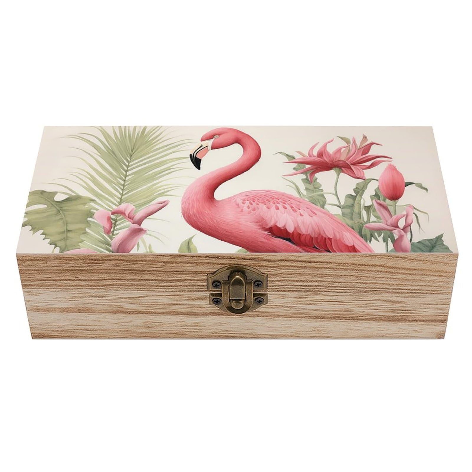 NTVOWPZO Wooden Storage Box Flamingo And Leaves Wood Gift Box with Hinged Lid Vintage Decorative Boxes Jewelry Memory Box for Jewelry Art Hobbies Home Storage Treasure Keepsake Gift