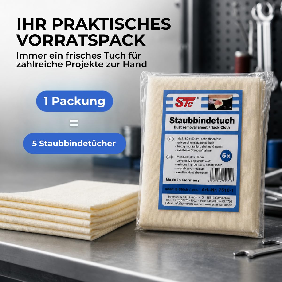 STC Staubbindetuch 10 x 5er Pack (50 Stück) – hochwertiges Honigtuch für Lackierarbeiten – Staubtuch für alle Lackarten geeignet – trocknet Nicht aus – 80 x 50 cm