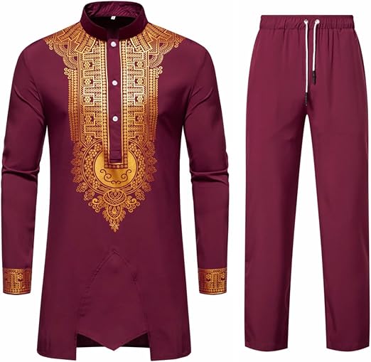 Duohropke Dashiki Africain Homme - Ensemble Chemise Et Pantalon Broderie Dorée Tenue Traditionnelle