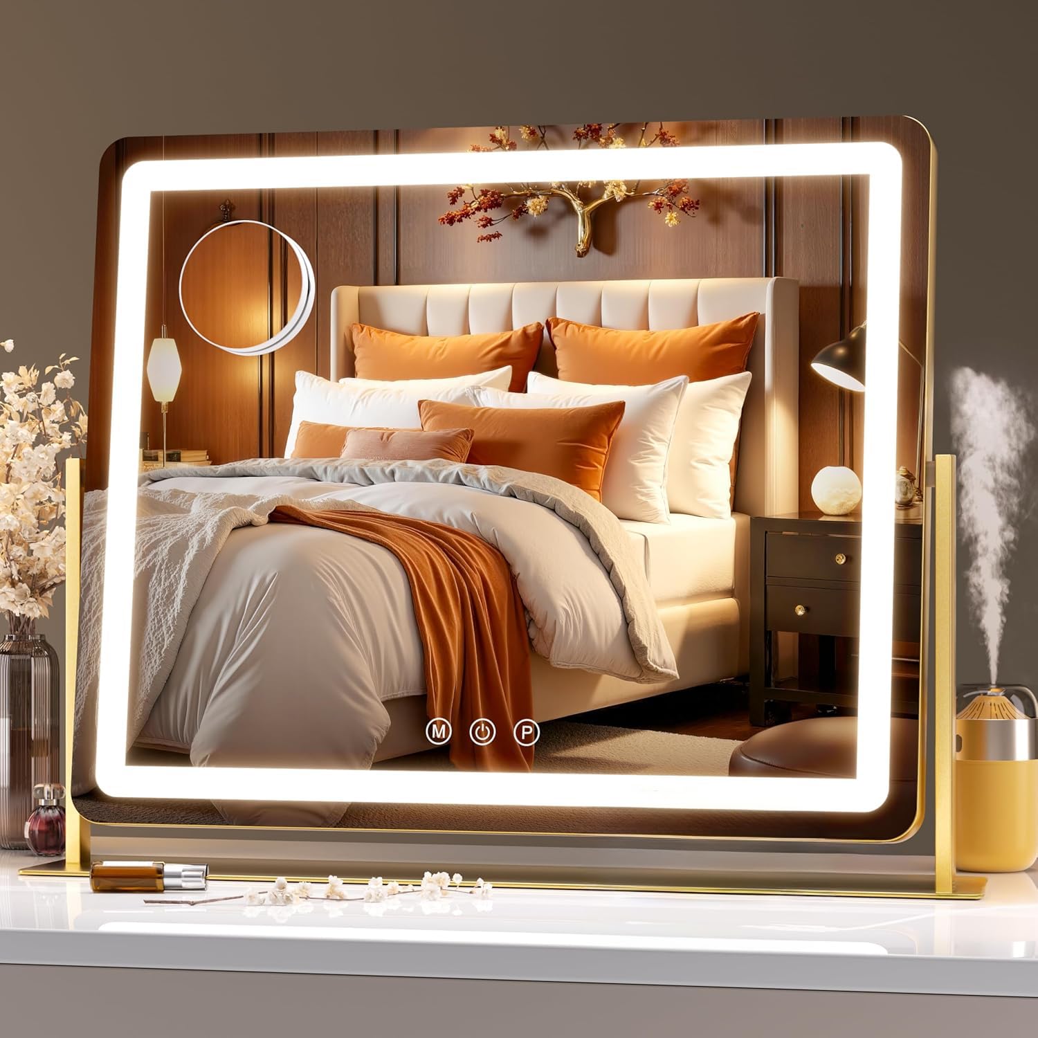 Hasipu Vanity Mirror with Lights, LED Make up Mirror, Light up Mirror with 10X Magnification and Brightness Adjustment, 3 Color Dimmable, Smart Touch & 360° Rotation (Round Gold 58 x 48cm) — image 1