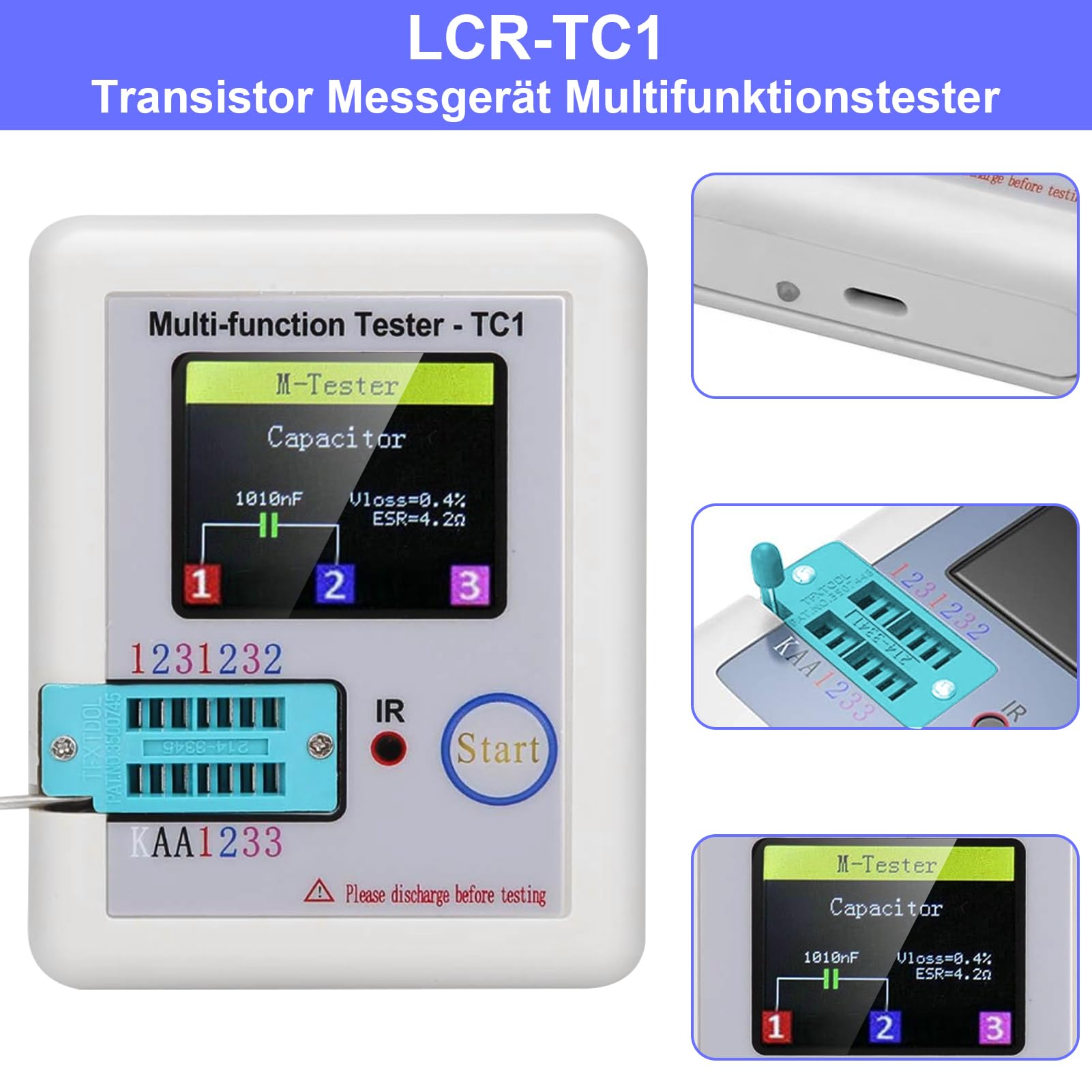Transistor Messgerät,LCR-TC1 Multifunktionstester,Kapazitäts Widerstands ESR Tester,1,8“ Vollfarbiges Display,für Diode Triode Kondensator Widerstand Transistor LCR ESR NPN PNP MOSFET