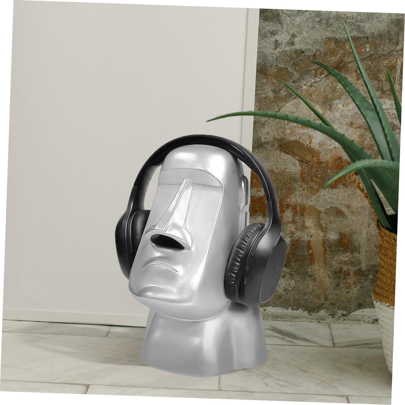 Mobestech Supporto per Cuffie da Tavolo Moai in Resina Argentata | Scultura da Scrivania, per Casa e Ufficio, Tiene anche Piccoli Oggetti e Occhiali