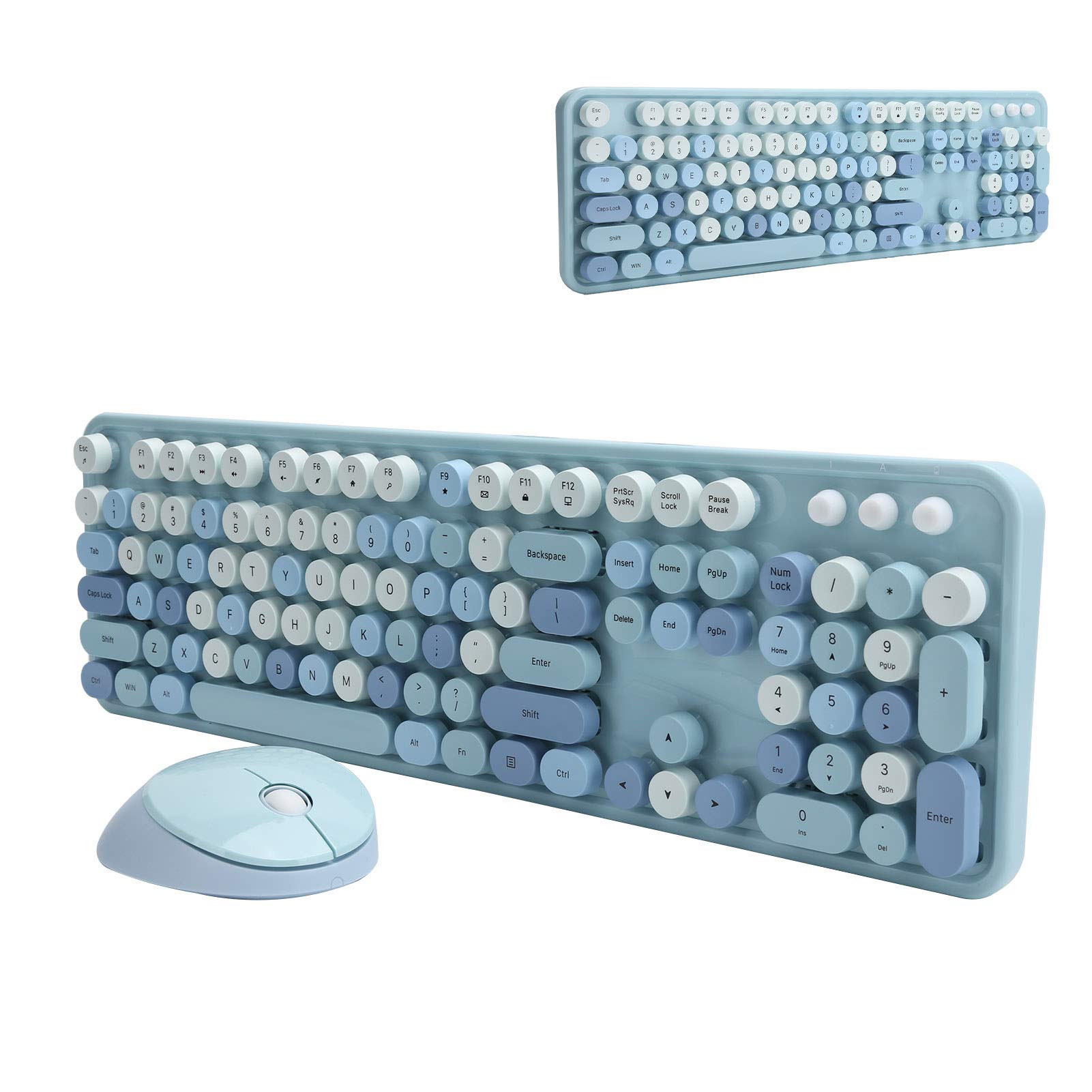 Juego de Mouse de Teclado inalámbrico 2.4G, Combinaciones de Mouse de Teclado de Colores Mezclados, con 104 Teclas, botón Multimedia FN, Estilo Retro de máquina de Escribir(Azul)