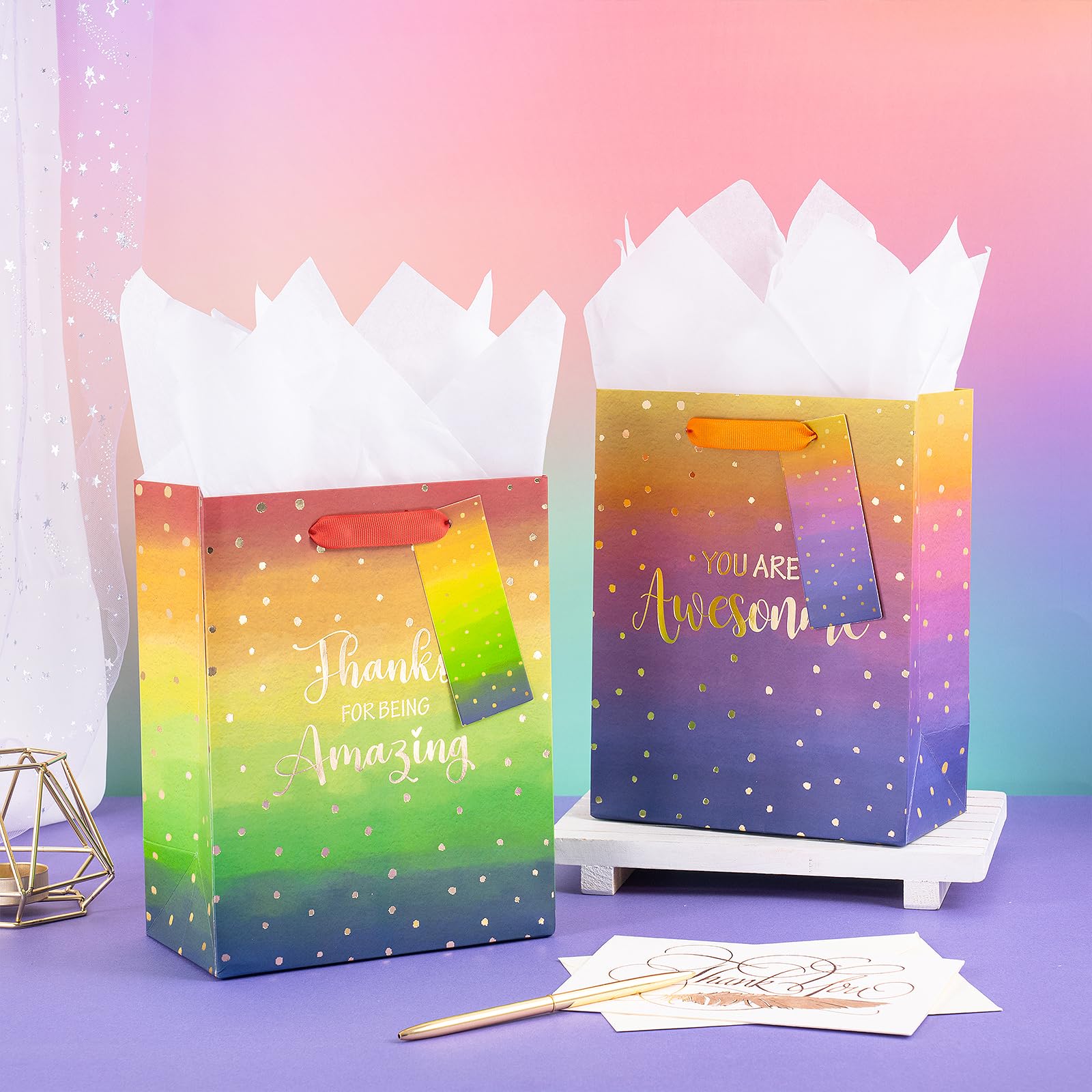 Loveinside Medium Size Gift Bags, Employee Appreciation Thanks Pattern Gift Bag with Tissue Paper for Shopping, Parties, Wedding, Baby Shower, Craft-4 Pack, 7" X 4" X 9"