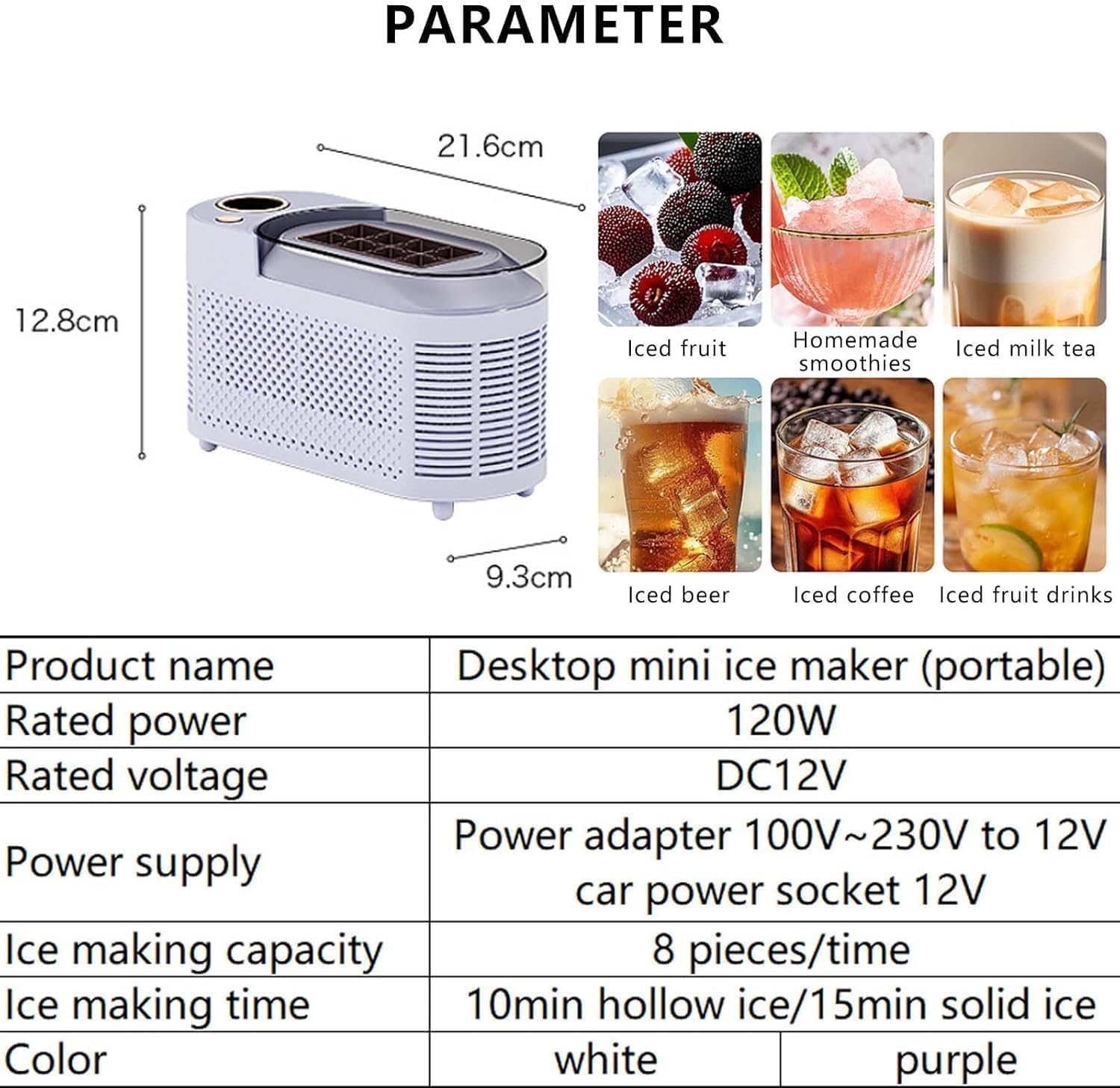 Máquina de Hielo portátil: Produce 8 Cubitos de Hielo en 10 Minutos, es silenciosa y de bajo Consumo energético, fácil de Limpiar para Uso doméstico y en la Cocina