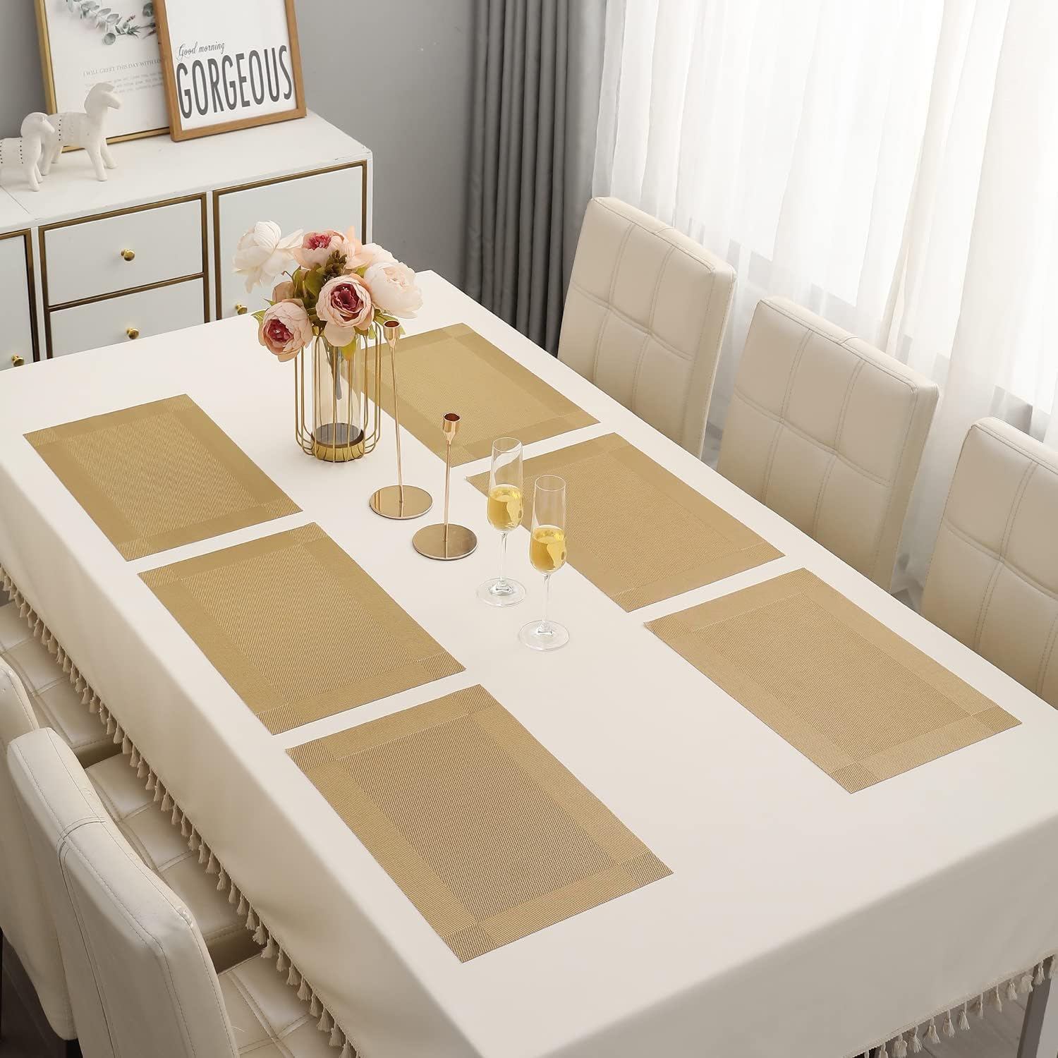 daiDokoro Rectangular Crossweave Woven PVC Vinyl Non-Slip Insulation Heat-Resistant & Waterproof Stain Resistant Washable Placemat for Dining & Kitchen Table-(Golden, Set of 6)