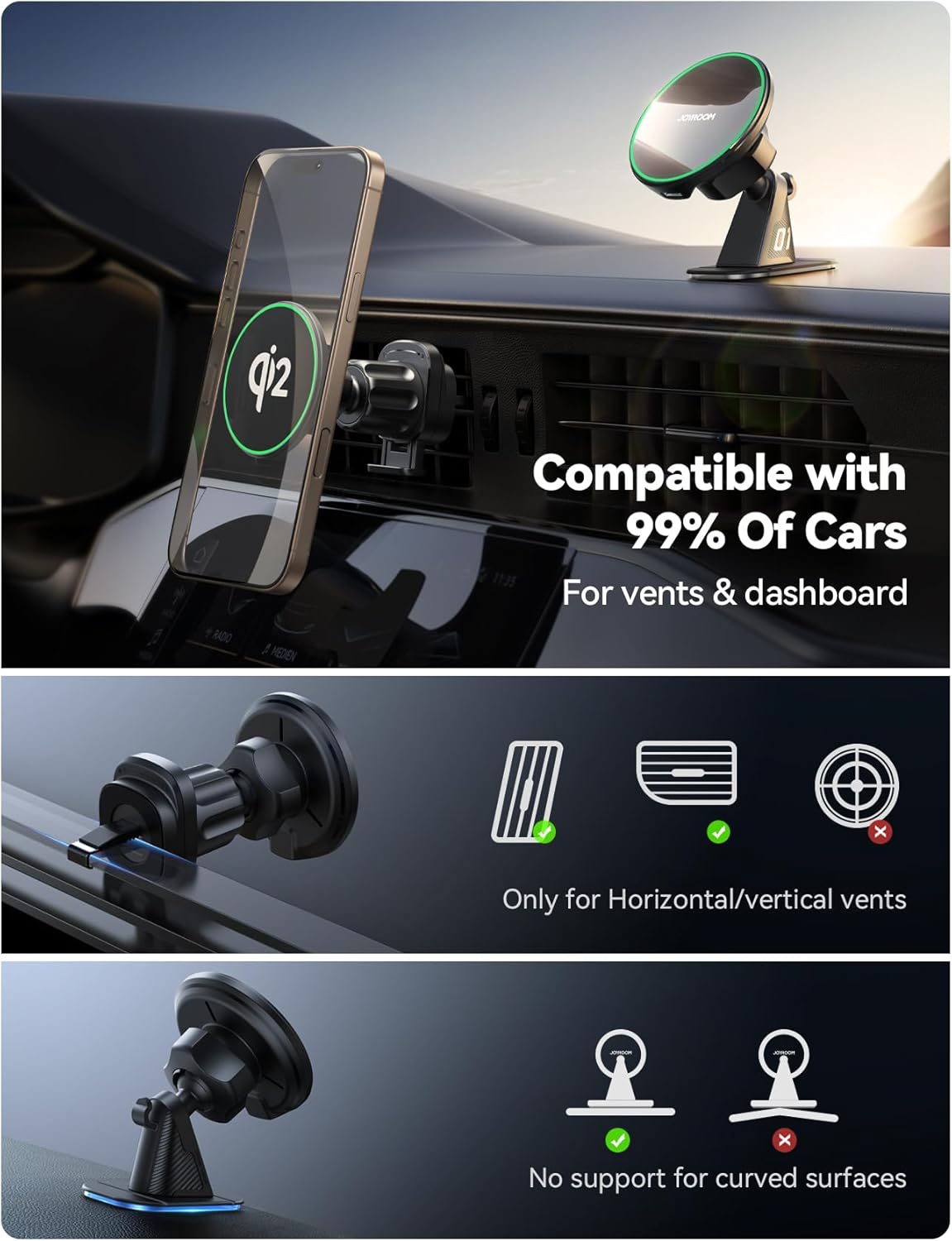 JOYROOM for Qi2 15W MagSafe Car Mount Charger, Qi2-Certified MagSafe Car Charger for Air Vent/Dashboard, Magnetic Wireless Car Holder Fit for iPhone 16 Pro Max Plus 15 14 13 12 - Image 5
