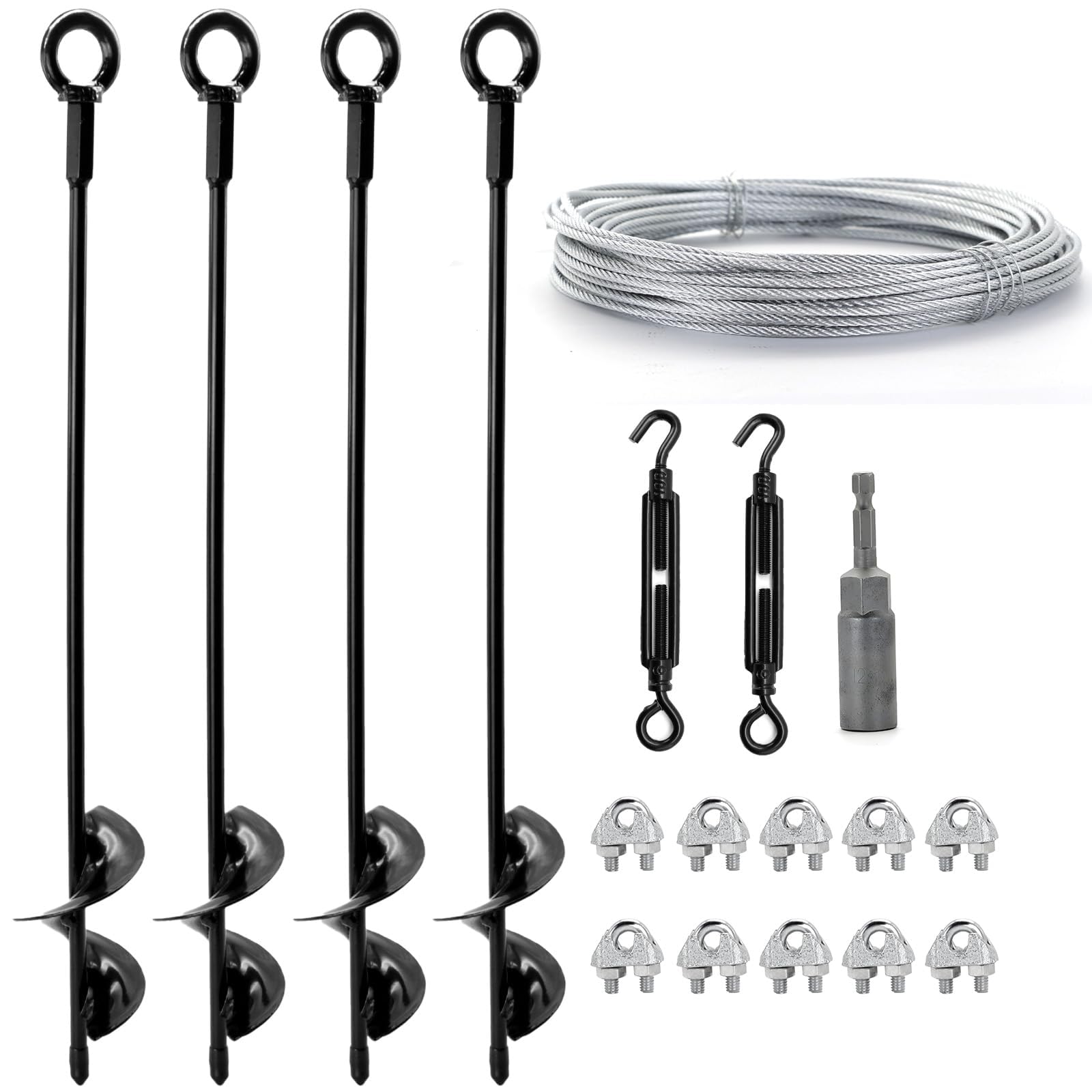 Kit d’Ancrage au Sol 45cm avec 15M Câble Acier & Tendeurs, Lot de 4 Robustes Ancrages de Terre, Kit d’Haubanage Extérieur Contre Le Vent pour Abri de Jardin et Serre, Trampoline, Tonnelle, Tente
