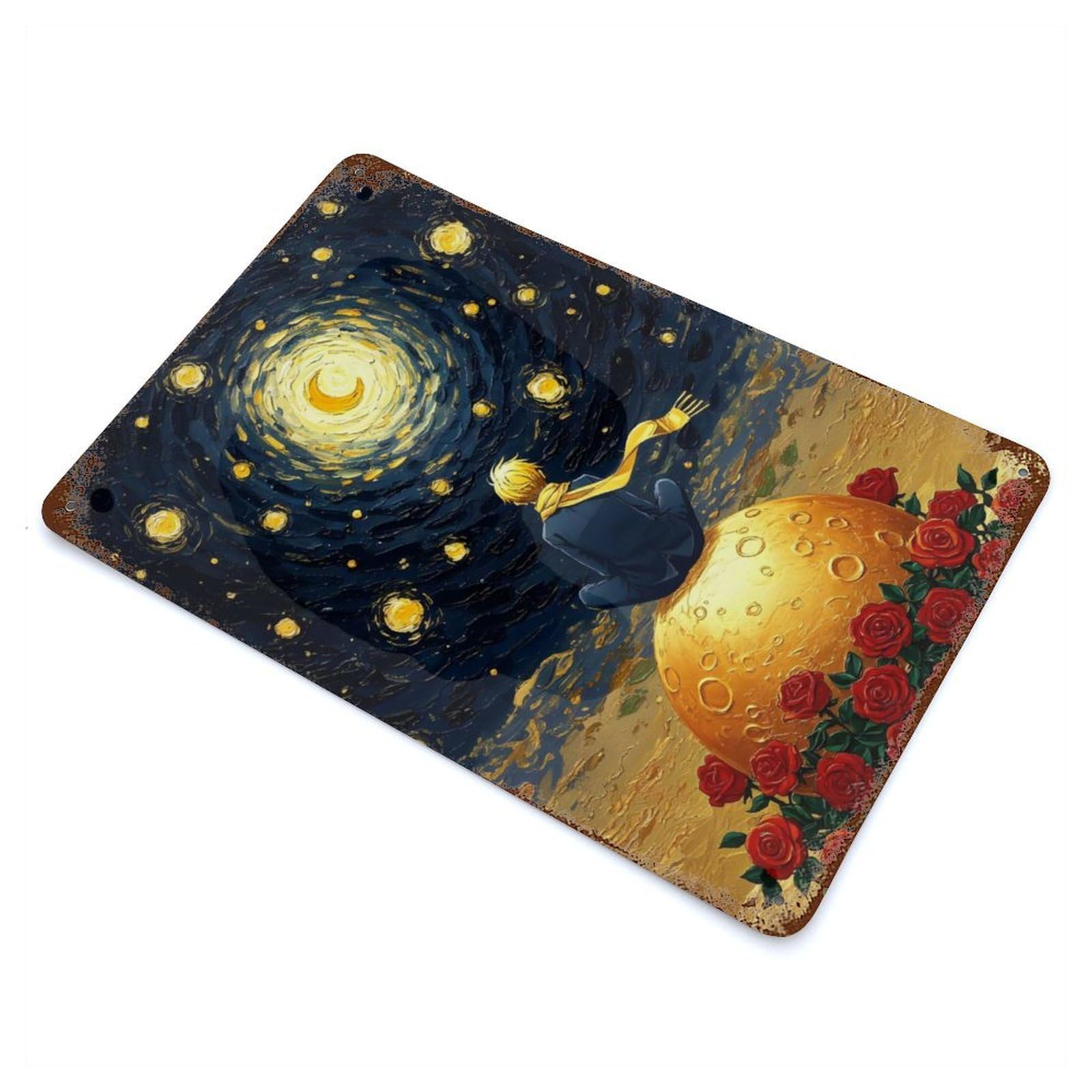 The Little Prince on The Moon Rust Effect Tin Sign 11.8"x7.9", Farmhouse Wall Decor for Farmhouse, Kitchen And Entryway Decor