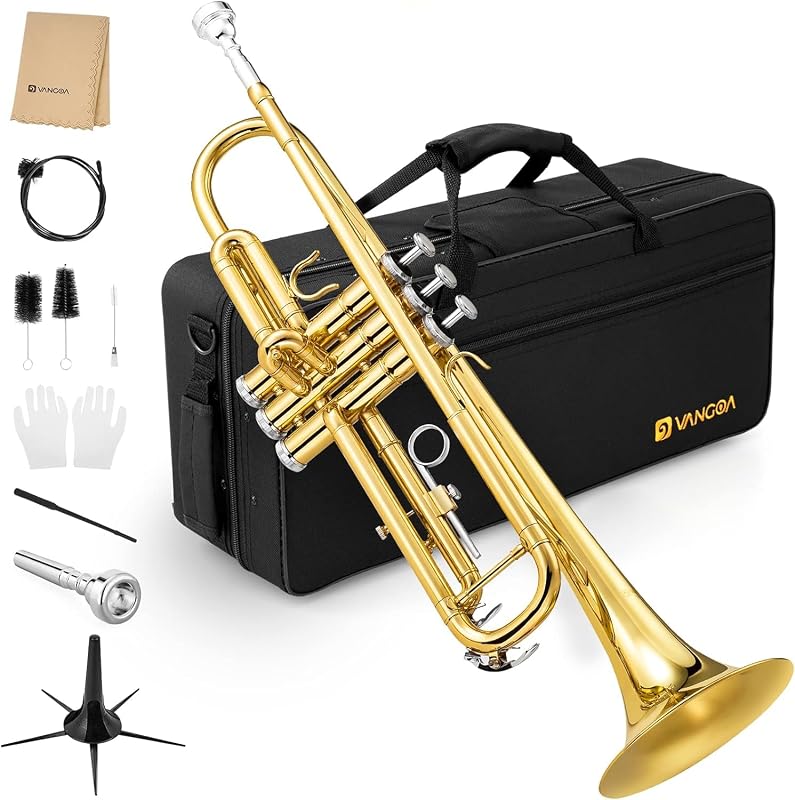 Student Bb Trumpet, Gold Finish Brass for School Band Orchestra Beginners | 7C Mouthpiece, Stainless Steel Valves, Adjustable 3rd Valve Ring, Hard Case, Cleaning Kit, White Gloves