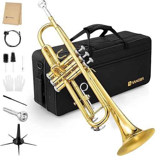 Vangoa Bb Trumpet Brass Standard Gold Trumpet Instrument for Student School Band Orchestra Adult Kid Beginner with Hard Case, Stand, Cleaning Kit, White Gloves, Valve Oil and 7C Mouthpiece