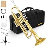 Vangoa Bb Trumpet Brass Standard Gold Trumpet Instrument for Student School Band Orchestra Adult Kid Beginner with Hard Case, Stand, Cleaning Kit, White Gloves, Valve Oil and 7C Mouthpiece