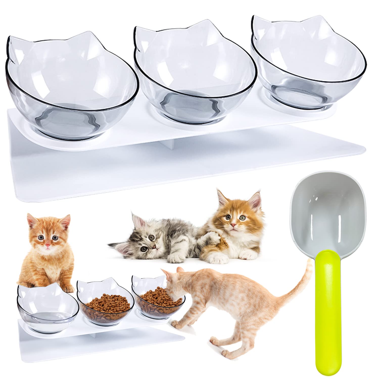 Comedero Gatos 3 en 1 Tazón de Alimentación para Gatos 15°Inclinación Comederos Gatos Elevado Cuenco del Gato Doble Tazón para Gatos y Cachorros