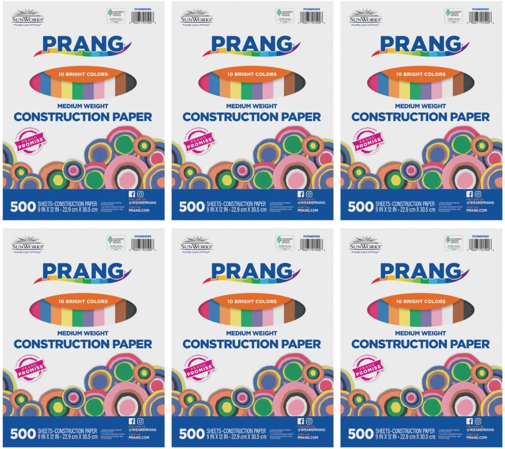 Prang SunWorks Construction Paper, 10 Assorted Colors, 9" x 12", 500 Sheets/Pack, Case of 6 Packs, 3000 Sheets Total
