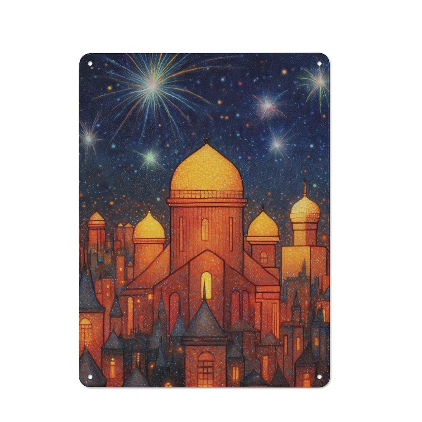 Junmoney Nighttime Cityscape With Fireworks Tin Wall Plaque 40X30cm With For Living Room Or Hallway, For Garage, Workshop And Man Cave Decoration