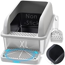 Suzzipaws Non-Sticky Coated Stainless Steel Cat Litter Box with Lid Extra Large Litter Box for Big Cats XL Metal Litter Pan Tray with High Wall Sides Enclosure, Anti-Leakage, Easy Cleaning