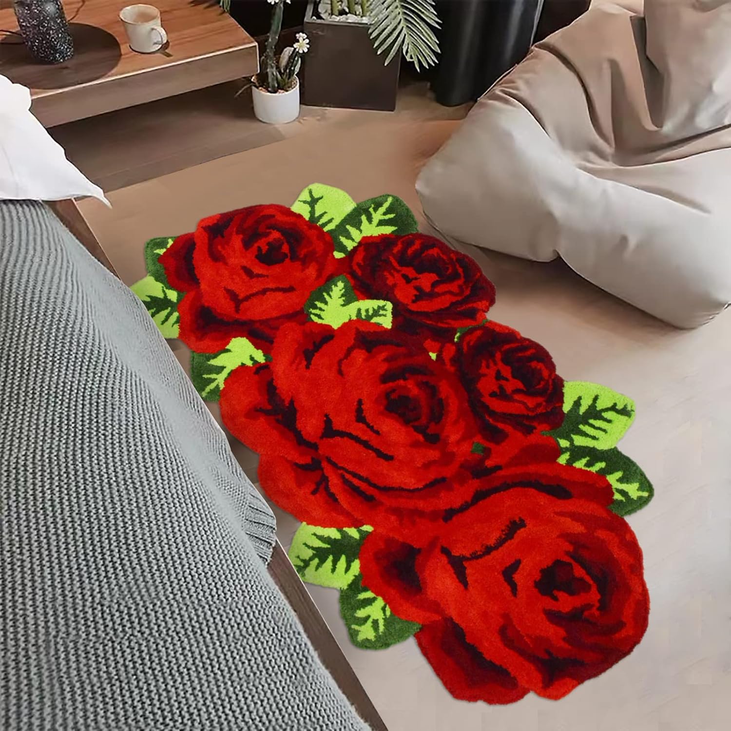 USTIDE Super Thick Flower Rug, Rustic Rose Flower Shaped Mat, Water Absorbent Non-Slip Runner Rug for Bedside Living Room Porch (2.3FTx3.8FT, Red)