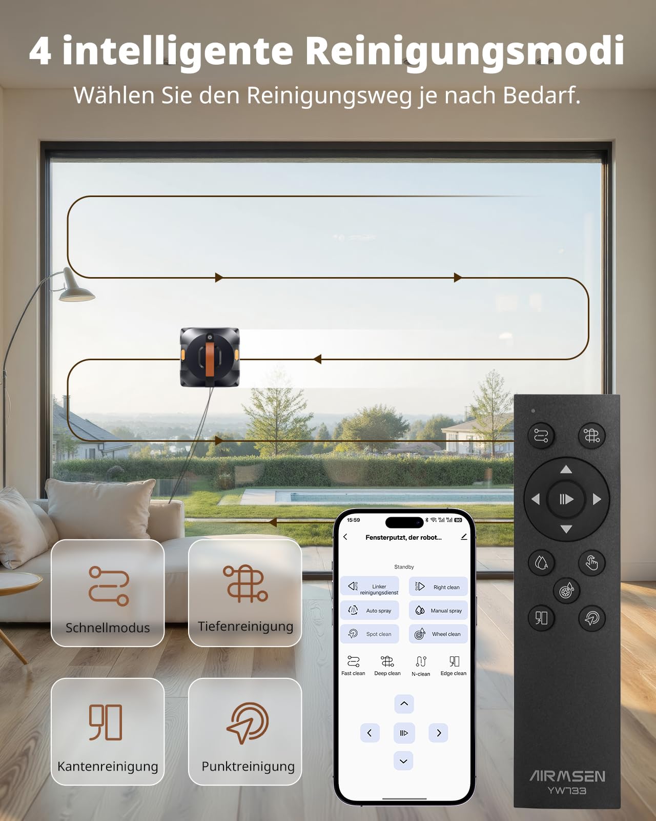 AIRMSEN YW733 Fensterputzroboter, Automatische Routenplanung, 4 Reinigungsmodi, 4 Sprühdüsen, 110 ml Tank, 6000 Pa Saugkraft, Anti-Rutsch-System, für Fenster, Duschglas & Spiegel