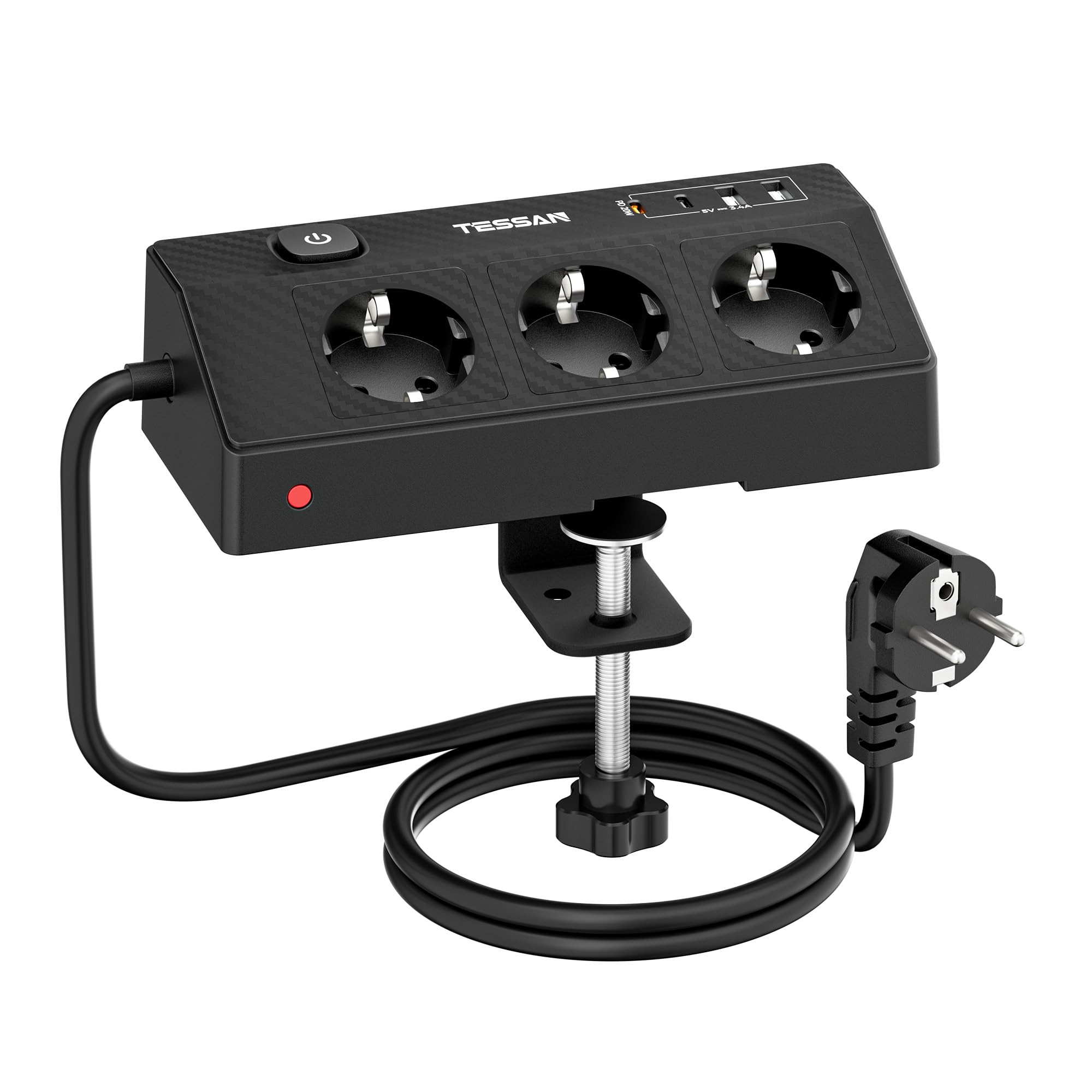 TESSAN Tischsteckdose mit USB C(PD 20 W) , Mehrfachsteckdose Schreibtisch mit 3 Fach und 4 USB, 4000W Steckdosenleiste mit Überlastschutz und Verlängerungskabel 1,8M, Geeignet für Büro, Schwarz