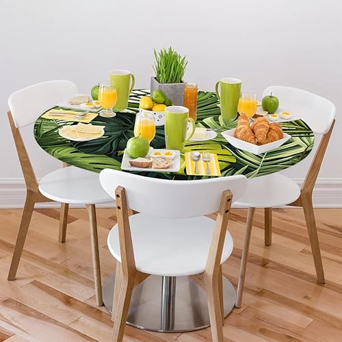 Vista 64 de Mantel redondo ajustable con borde elástico, mantel de hojas coloridas abstractas, impermeable, lavable, para mesas redondas, ideal para picnic