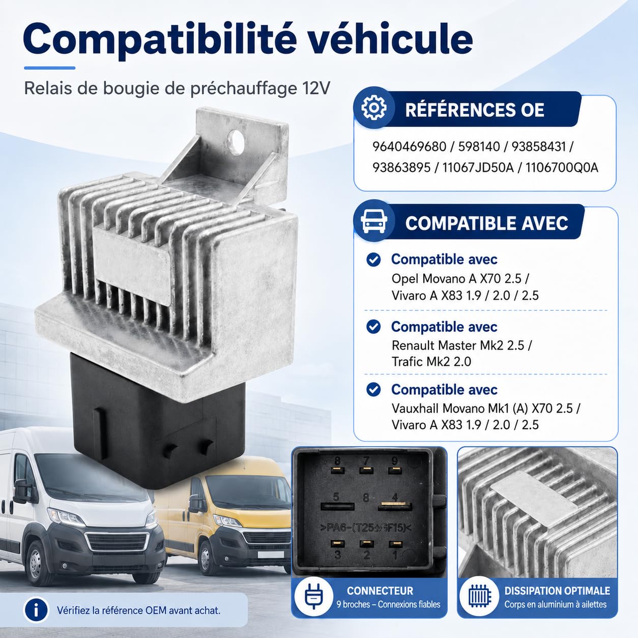 Relais de Bougie de Préchauffage 12V 9640469680 598140 93858431 93863895 Boîtier de Préchauffage Compatible avec Citroën Berlingo Opel Movano Vivaro Renault Master Trafic Vauxhall