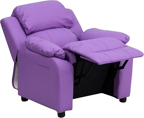 Miniatura 8 de Flash Furniture, sillón reclinable de lujo, muy acolchado, de vinilo color beige, con apoyabrazos con compartimento de almacenamiento, para niños,