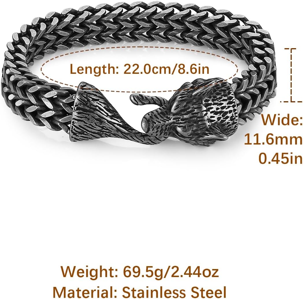 HZMAN Mens Stainless Steel Viking Wolf Head Link Curb Chain Bracelet 8.5Inch Gothic Bracelet 11mm Width - Image 6