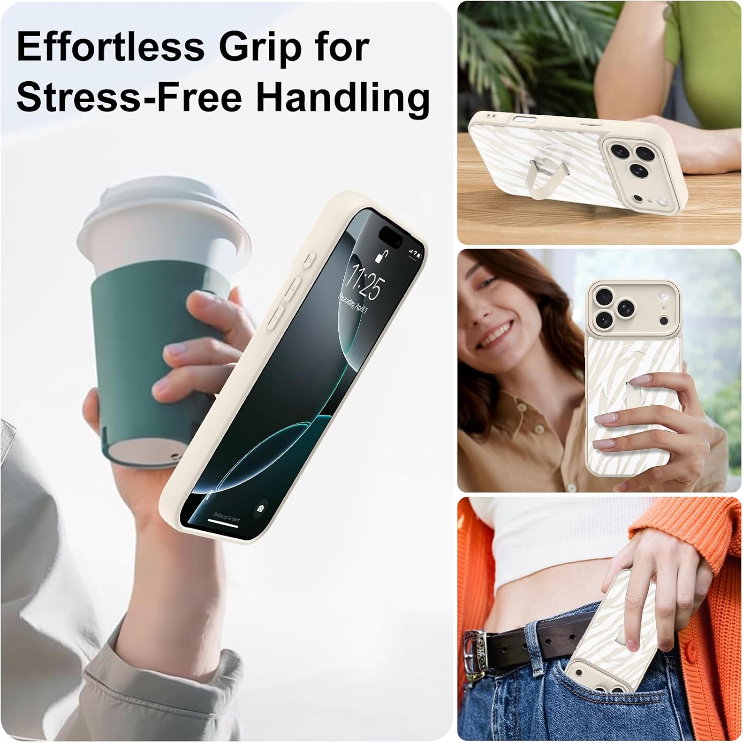 Magnetic Case for iPhone 17 Pro Max with Finger Hand Strap Kickstand [Compatible with Magsafe] Cute Aesthetic Zebra for Women Men, Full Camera Protection Shockproof Cover, White - Image 7