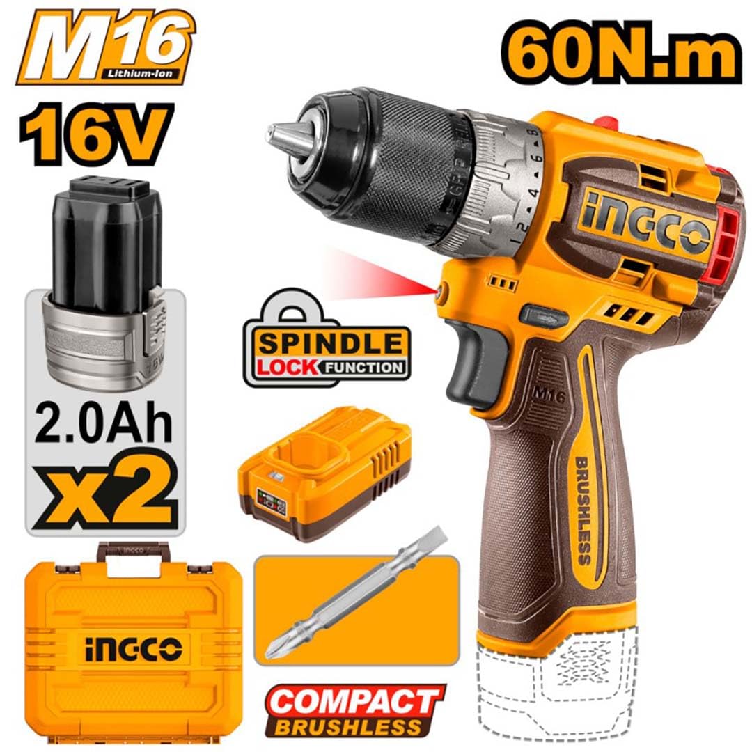 Ingco Cdli16682 Trapano Avvitatore a Batteria 16 V 60 Nm Brushless con 2 Batterie in Valigetta