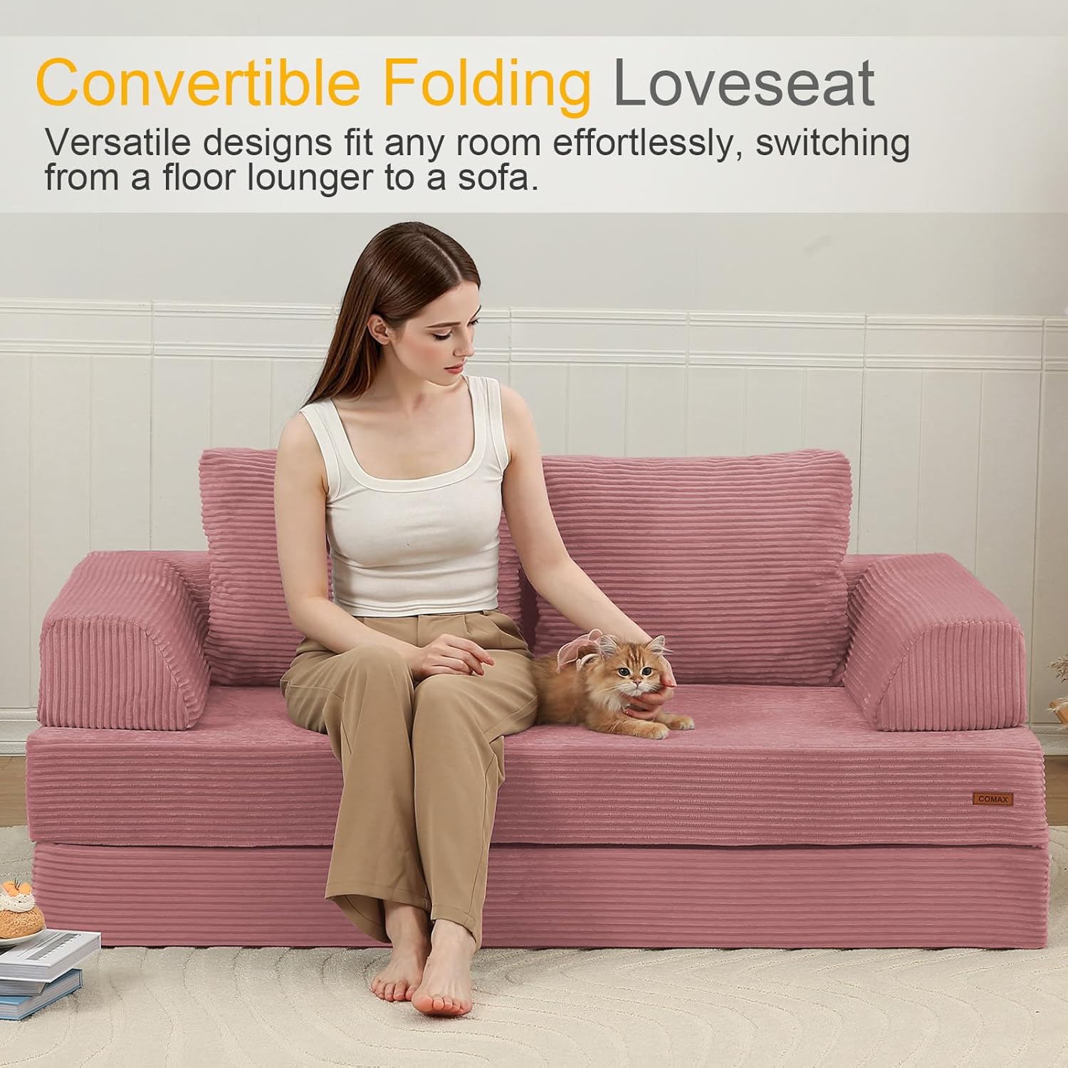 COMAX Futon Sofa Bed, Convertible Folding Sofa Bed, Boneless Couch Loveseat Corduroy with Pillows, Small Foldable Floor Couch Comfy Lounge Sleeper for Living Room Bedroom, Pink