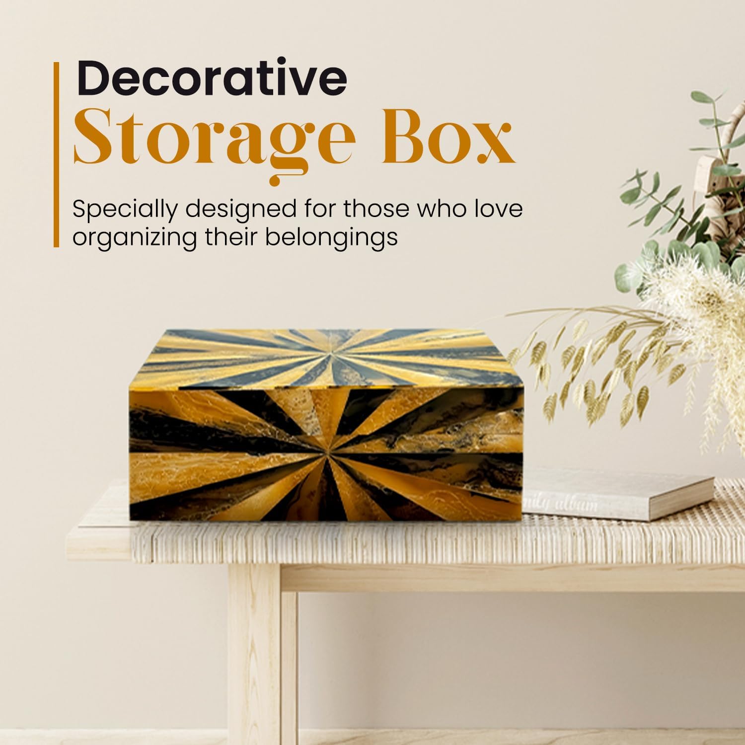 Perilla Home Home Decor Decorative Storage Wooden Box Small Yugen Organizer Tool Stash Card Craft Treasure Trinket Memory Keepsake Jewelry Box for Men and Women, Gifts For All, Black, Yellow and Brown