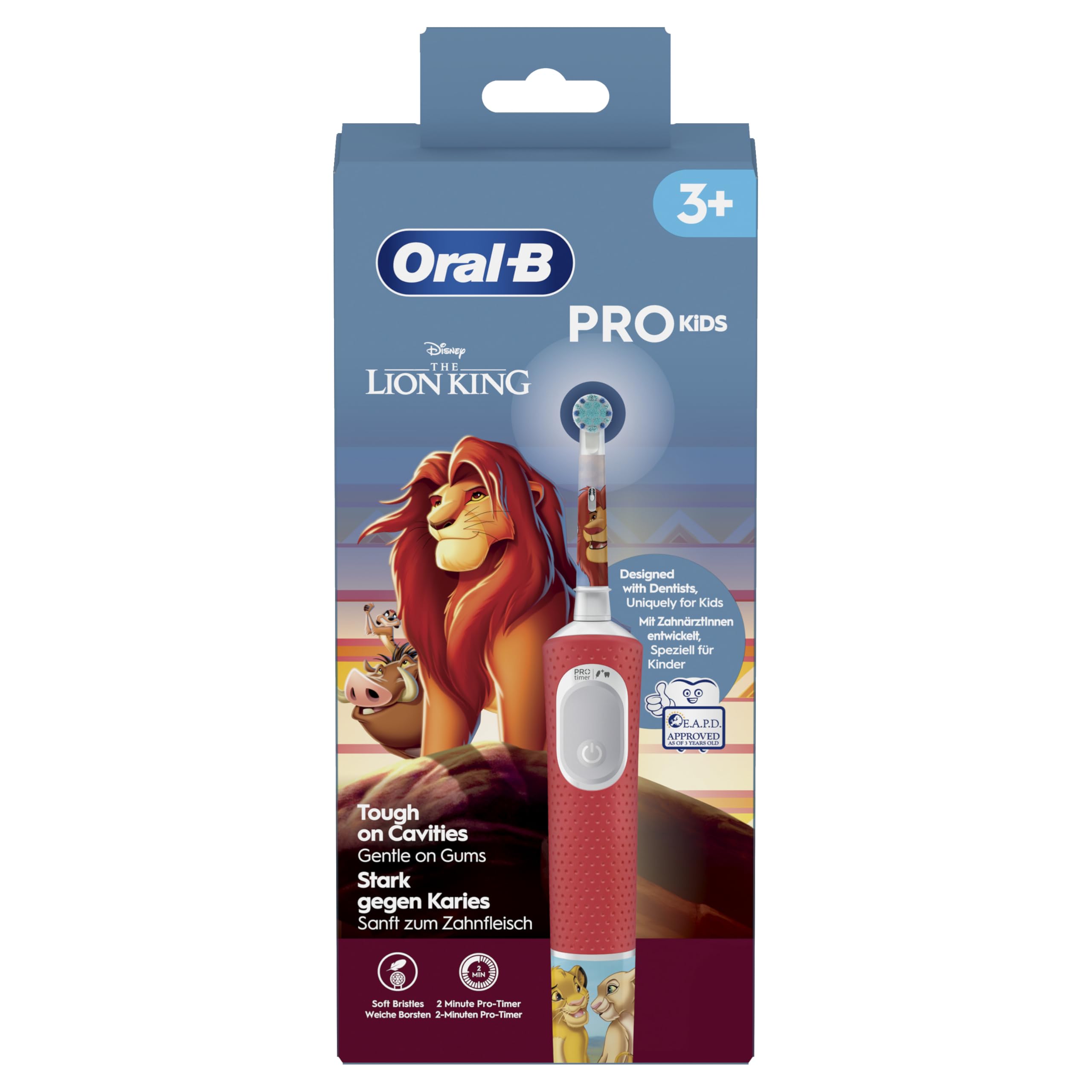 Oral-B Pro Kids Cepillo de Dientes Eléctrico El Rey León para Niños +3 Años - Cepillo Dental Infantil con 1 Cabezal, 2 Modos de Cepillado, Filamentos Extrasuaves para Encías Sensibles