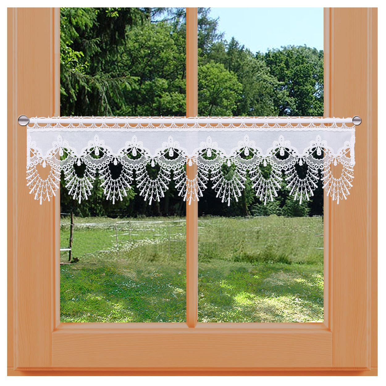 Feenhaus-Scheibengardine Nastja aus Vogtländischer Spitze - Landhaus-Scheibenhänger mit Fächerspitze weiß | klassische Spitzengardine handgefertigt | rustikal-moderne Bistro-Gardine HxB 35 x 106 cm