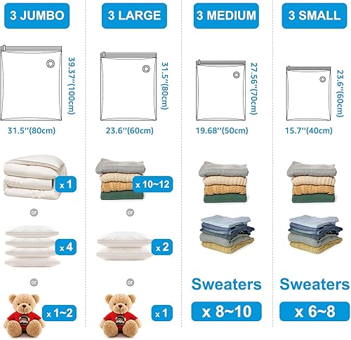 Miniatura 6 de BoxLegend Bolsas de almacenamiento al vacío con bomba de mano grande, 12 combinados (3 jumbo, 3 grandes, 3 medianas, 3 pequeñas) bolsas gruesas de