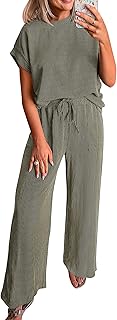 2 Piece Sets for Women Dressy Casual Ribbed Knit Short Sleeve Tops Wide Leg Pants Lounge Set Travel Airport Outfits
