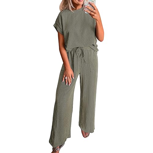 KIRUNDO 2 Piece Sets for Women Dressy Casual Ribbed Knit Short Sleeve Tops Wide Leg Pants Lounge Set Travel Airport Outfits