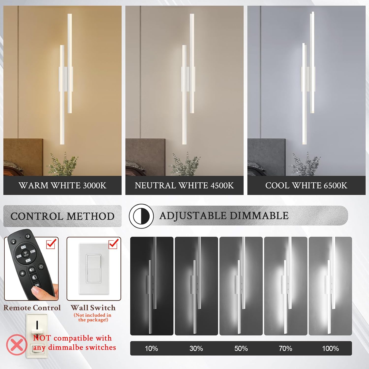 LED Wall Sconce Silver Modern Remote Wall Light Fixtures for Living Room, Dimmable LED Vanity Light Indoor Remote Wall Sconce for Bedside Bedroom Bathroom Dining Room, L39.4inch 1 Pack
