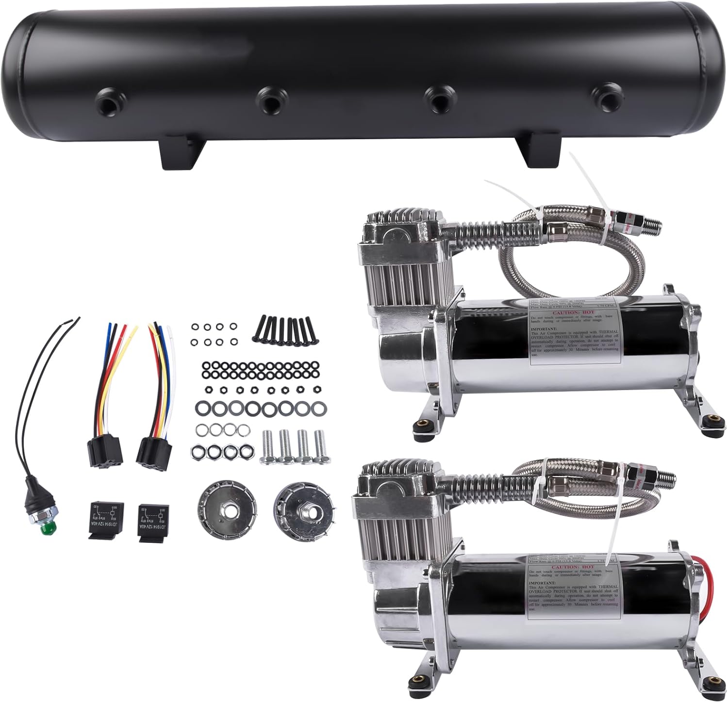 Chrome 580 Air Compressors System Kit 5 Gal Tank Pressure Switch 150 psi on / 180 psi Off & 40 Amp Relay for Air Ride Suspension Mixizap