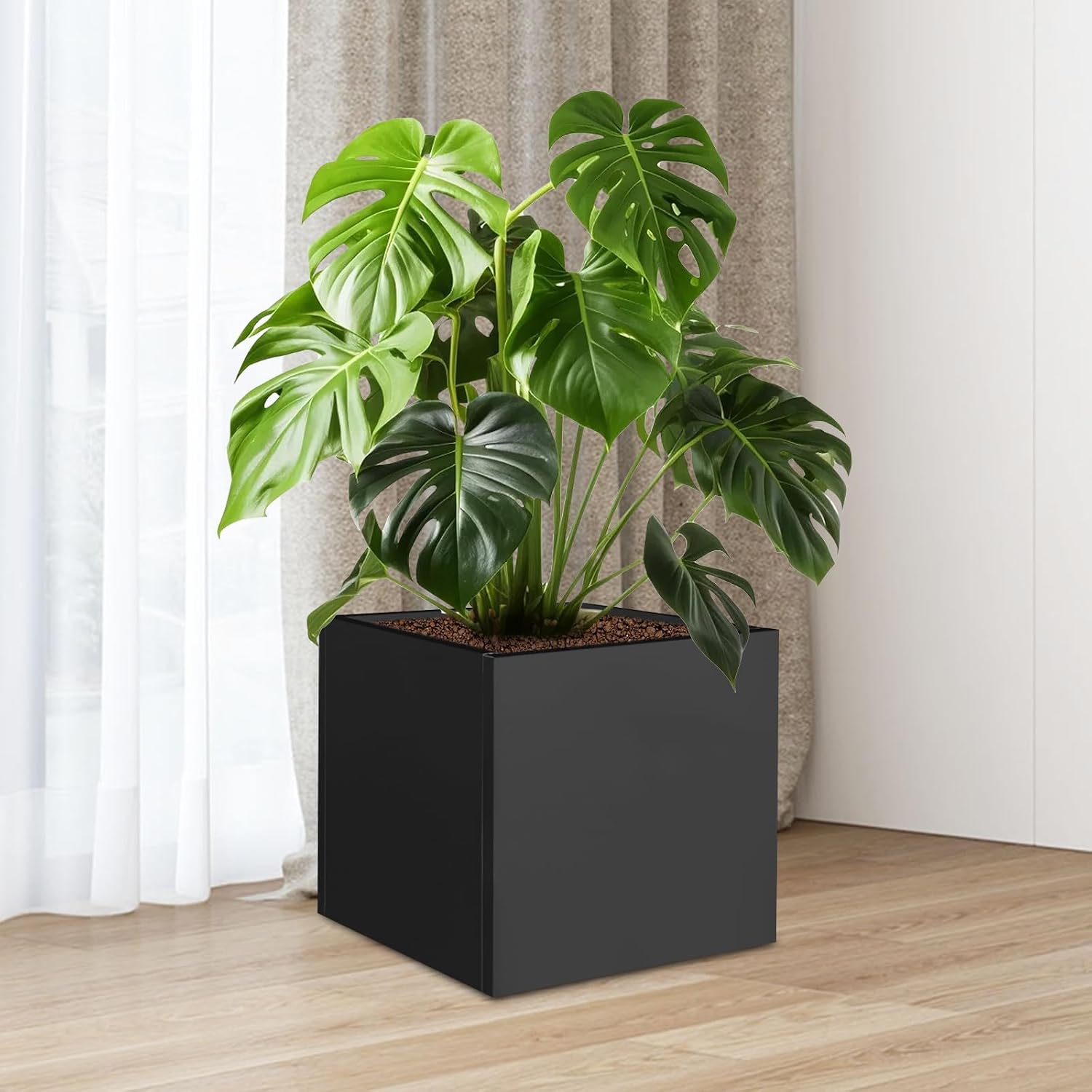 Square Metal Garden Planter Box, 20x20x20in Black Steel Flower Pot, Indoor Outdoor Planter for Gardens Patios Courtyards Commercial Residential Use with Gloves & Installation Diagram