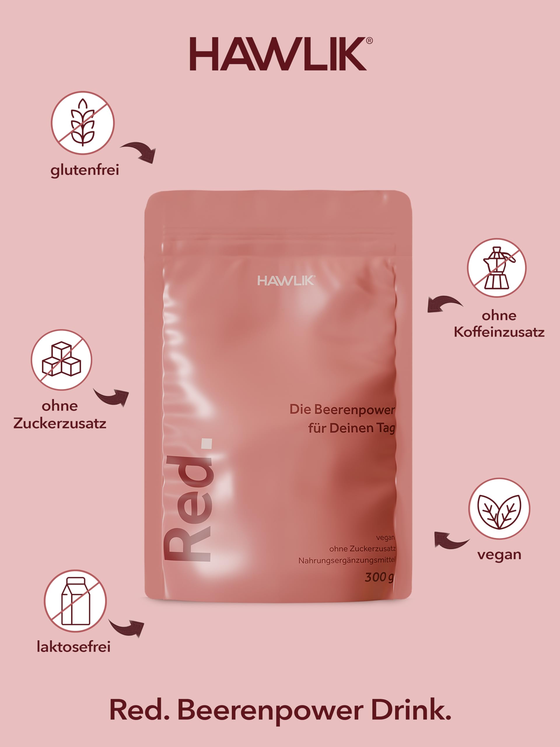HAWLIK Red. – Beerenpower-Drink mit Vitalpilzen & Ballaststoffen – 39 Nährstoffe – vegan, ohne Zuckerzusatz, laktosefrei – 300g Pulver
