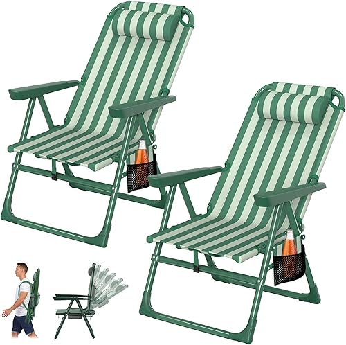 Suteck Sillas de playa tipo mochila para adultos, paquete de 2, silla reclinable plegable de 6 posiciones con bolsa enfriadora y soporte para tazas,