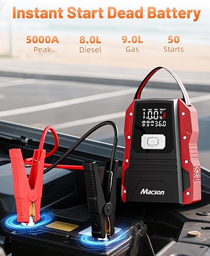 Miniatura 2 de Arrancador de salto de 5000 A con compresor de aire, batería portátil de 12 V para motores diésel de 9.0 L/8.0 L, arrancador de coche portátil con