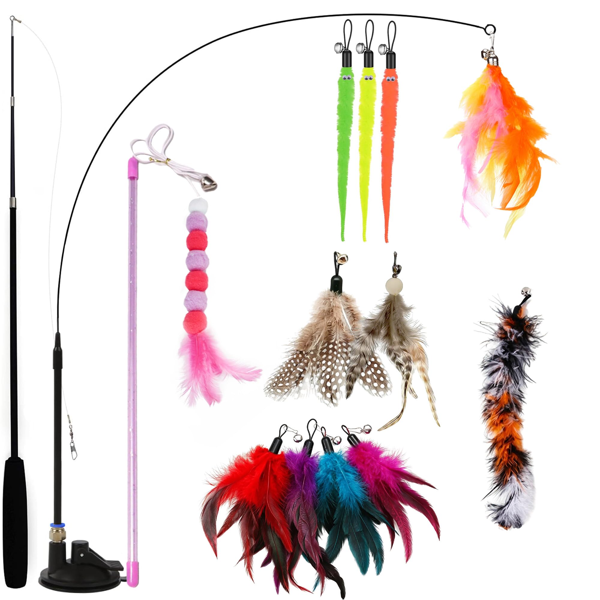 Hjvvr 11pcs Feather Cat Toy Attachments,Retractable Wand,Cat Teaser Wand Rod Toys,Fluffy Teaser Toys