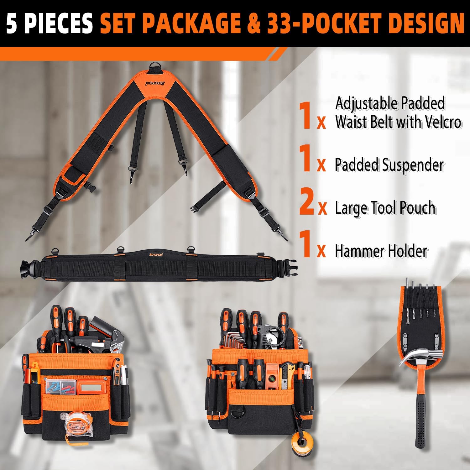 Tool Belt Suspenders, 33-Pocket Tool Belts for Men, Detachable & Adjustable Electrician Tool Belt, Tool Pouches Bag with Suspenders for Framers,Carpenter,Roofing,Contractor（33''-48'')