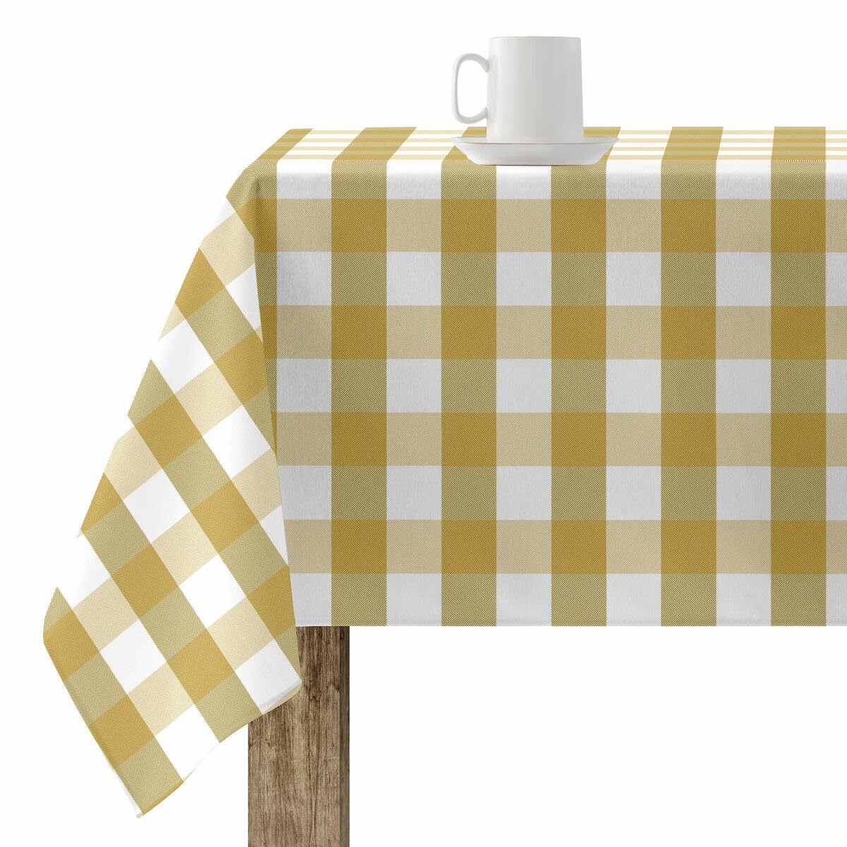 BL BELUM Mustard Checkered Tablecloth, 200x140 cm, 100% Cotton, Stain Resistant, Resinated, Vichy Squares, 8 Seater