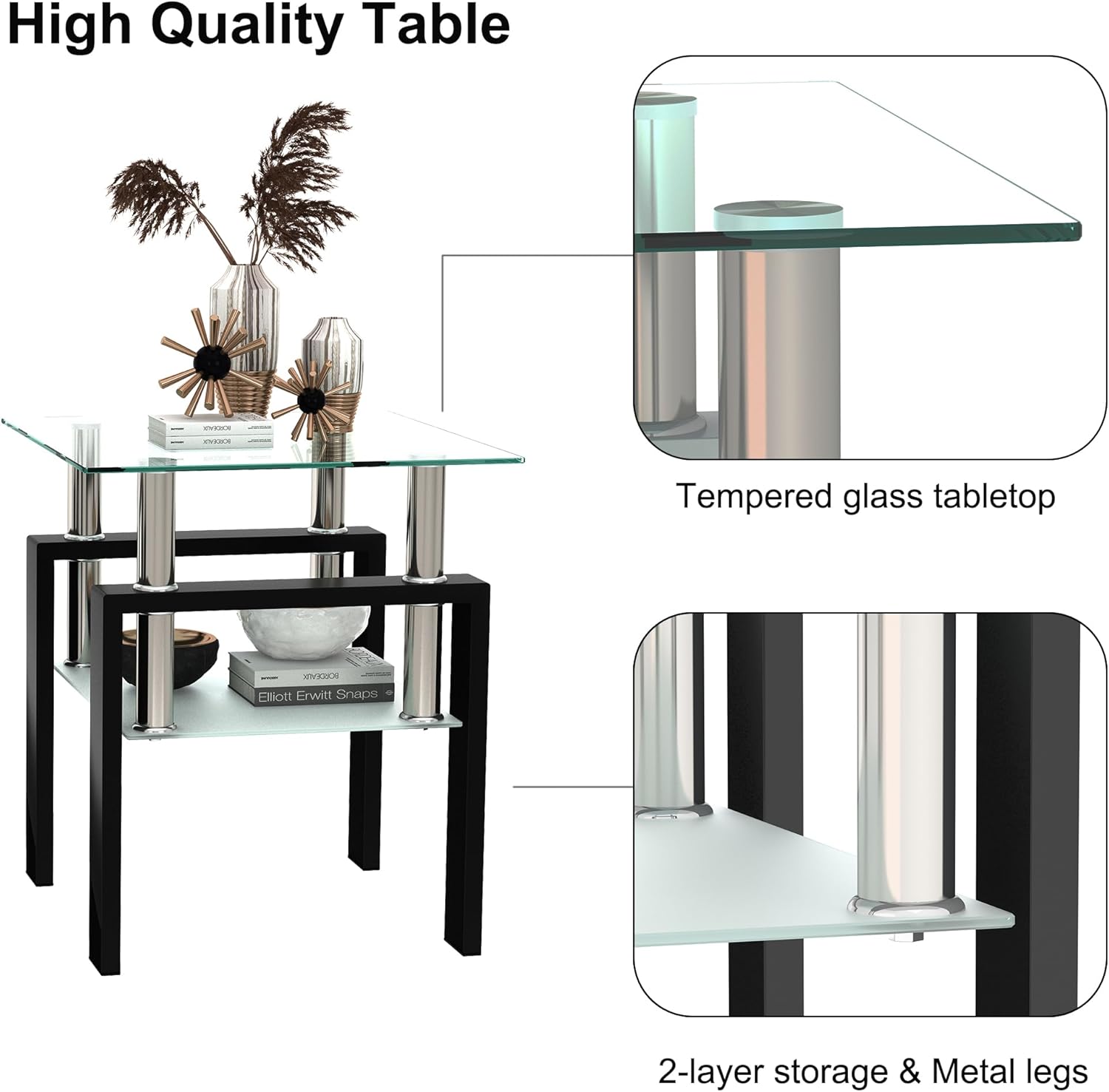 Glass End Table Modern Sofa Side Tables Black Small Coffee Table Living Room Table Square Nightstand, Tempered Glass Metal Leg Home Furniture (2, Clear)