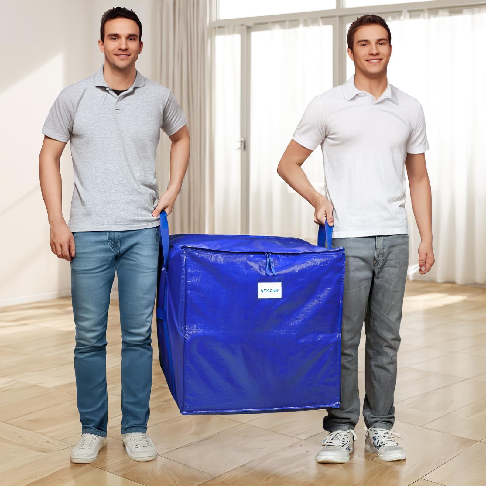 TICONN 2 Pack Extra Large Moving Bags with Zippers & Carrying Handles, Heavy-Duty Storage Tote Moving Boxes for Space Saving (2 PK, 45 Gallon)